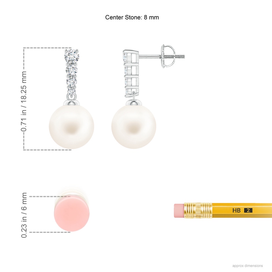8mm AA Freshwater Pearl Earrings with Graduated Diamonds in White Gold ruler