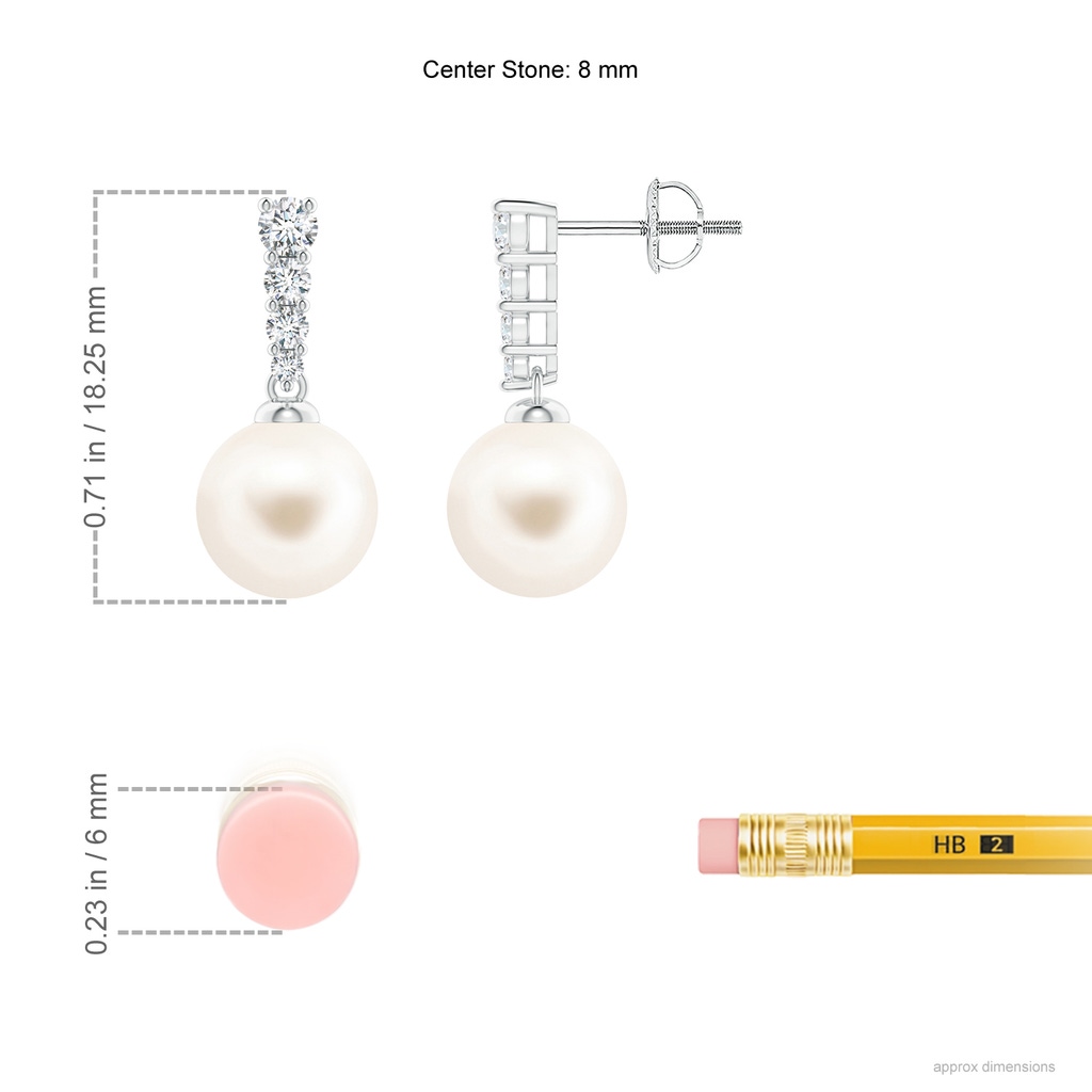 8mm AAA Freshwater Pearl Earrings with Graduated Diamonds in White Gold Ruler