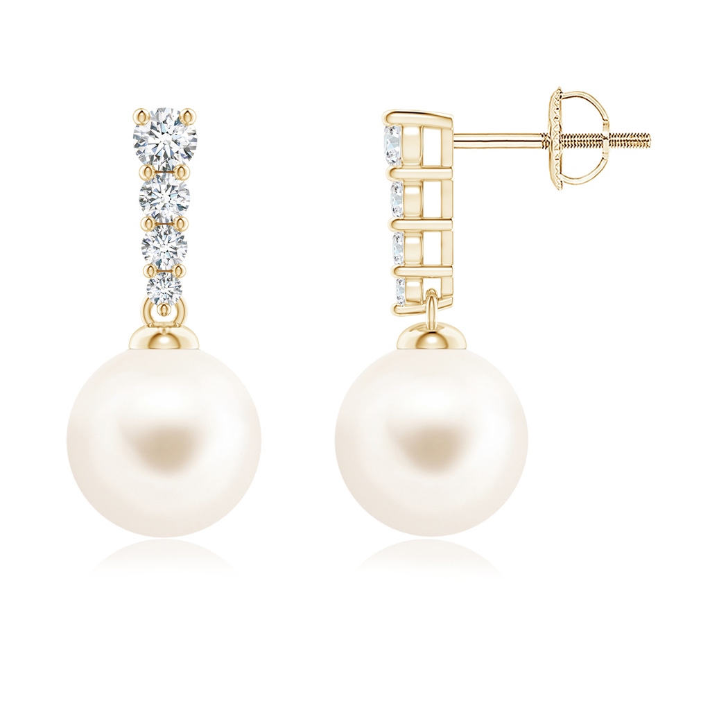 8mm AAA Freshwater Pearl Earrings with Graduated Diamonds in Yellow Gold 