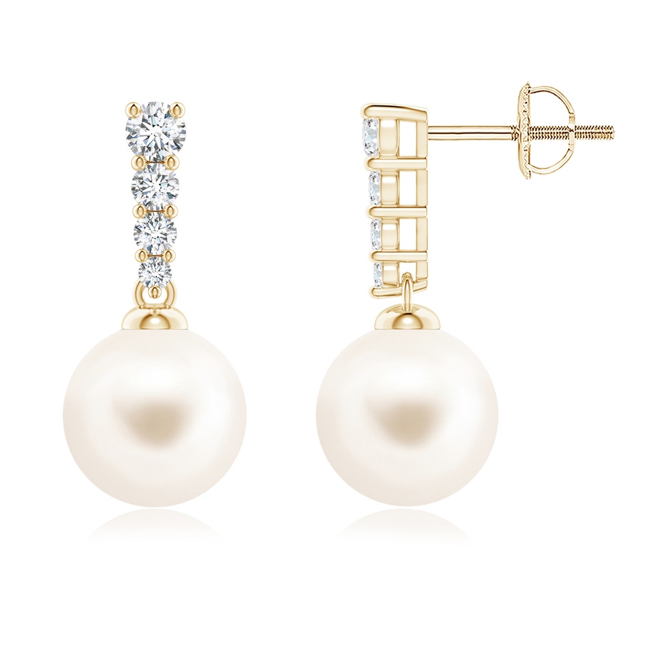 8mm AAA Freshwater Pearl Earrings with Graduated Diamonds in Yellow Gold 
