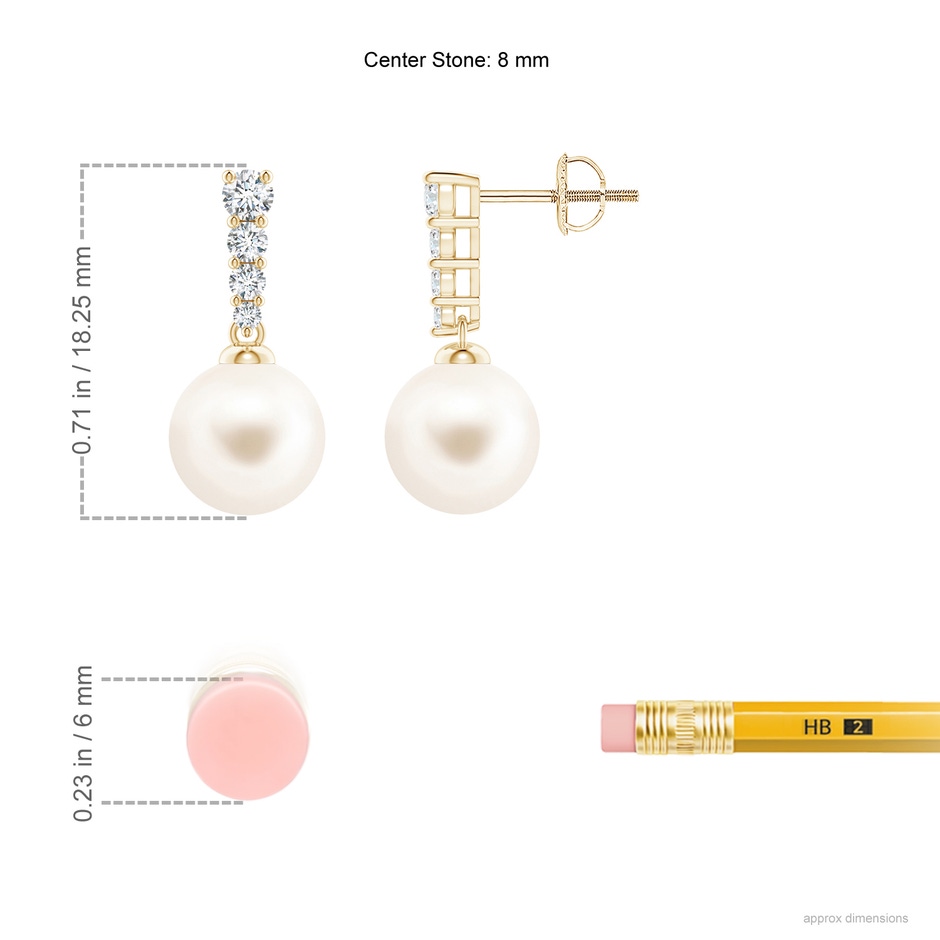 8mm AAA Freshwater Pearl Earrings with Graduated Diamonds in Yellow Gold ruler