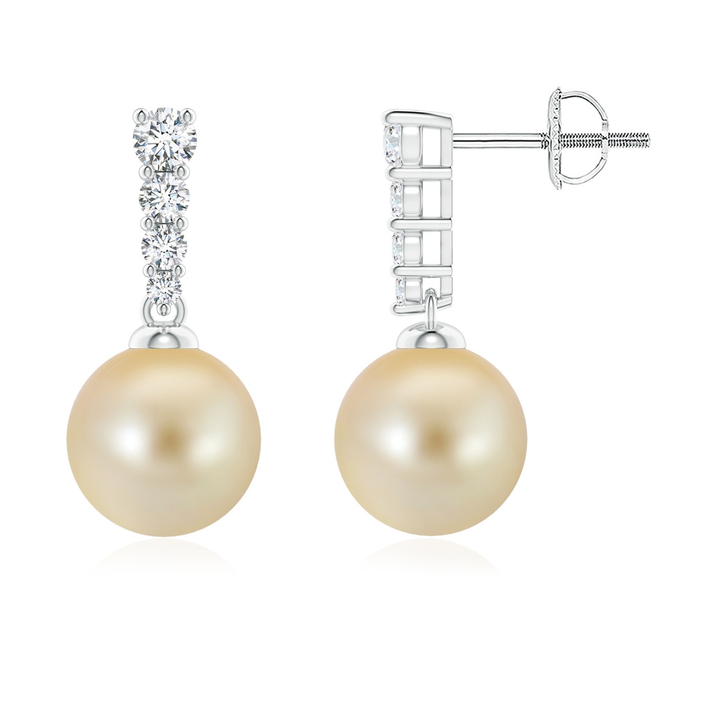 8mm AAA Golden South Sea Pearl Earrings with Diamonds in White Gold 