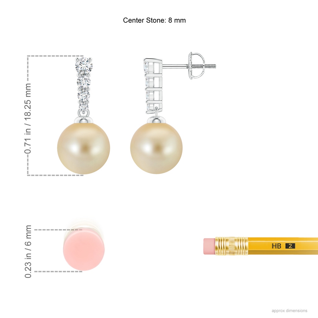 8mm AAA Golden South Sea Pearl Earrings with Diamonds in White Gold Ruler