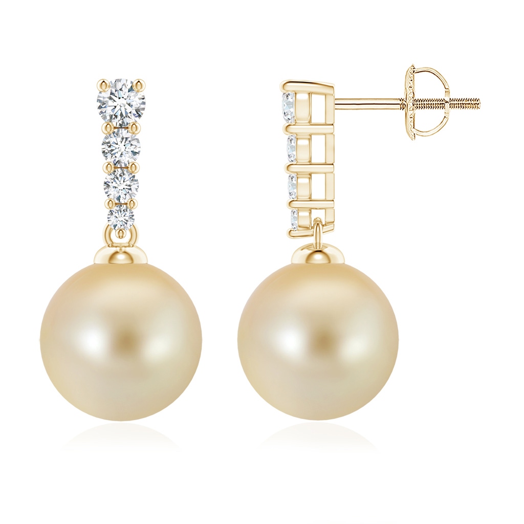 9mm AAA Golden South Sea Pearl Earrings with Diamonds in Yellow Gold