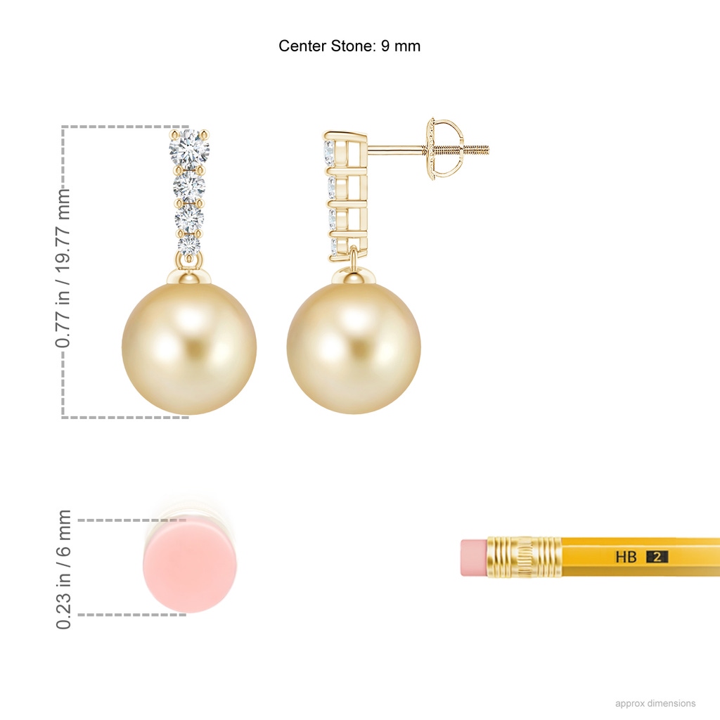 9mm AAAA Golden South Sea Pearl Earrings with Diamonds in Yellow Gold Ruler