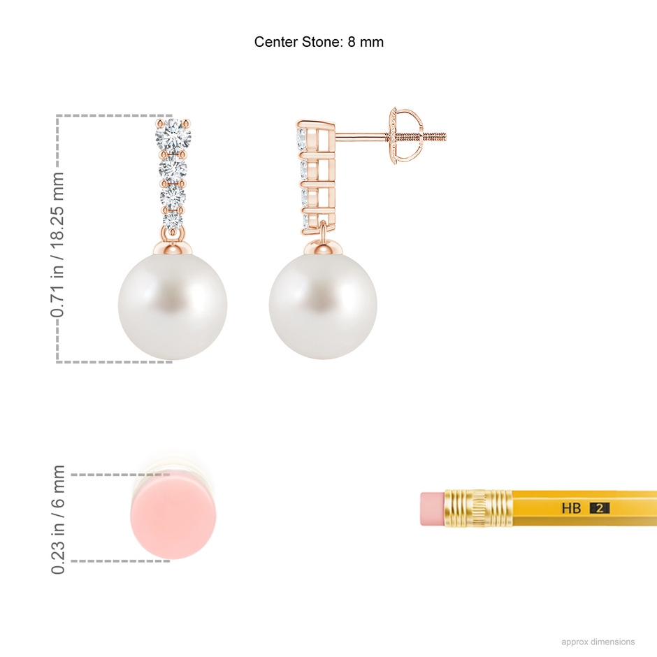 8mm AAA South Sea Pearl Earrings with Graduated Diamonds in Rose Gold ruler