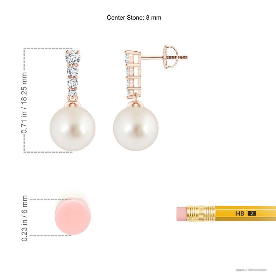 8mm AAAA South Sea Pearl Earrings with Graduated Diamonds in Rose Gold ruler