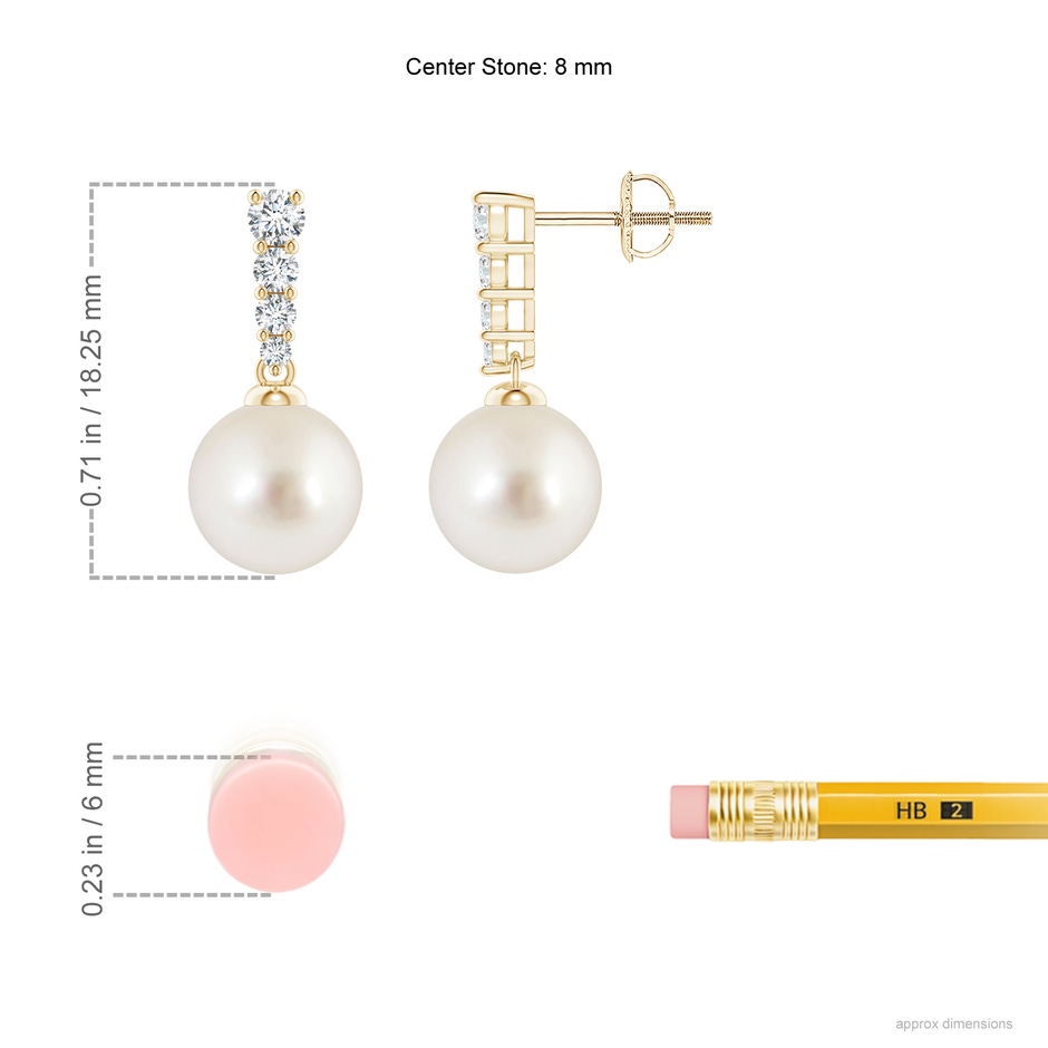 8mm AAAA South Sea Pearl Earrings with Graduated Diamonds in Yellow Gold ruler