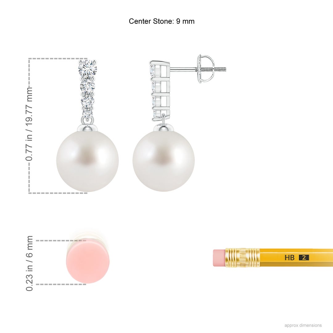 9mm AAA South Sea Pearl Earrings with Graduated Diamonds in White Gold - ruler