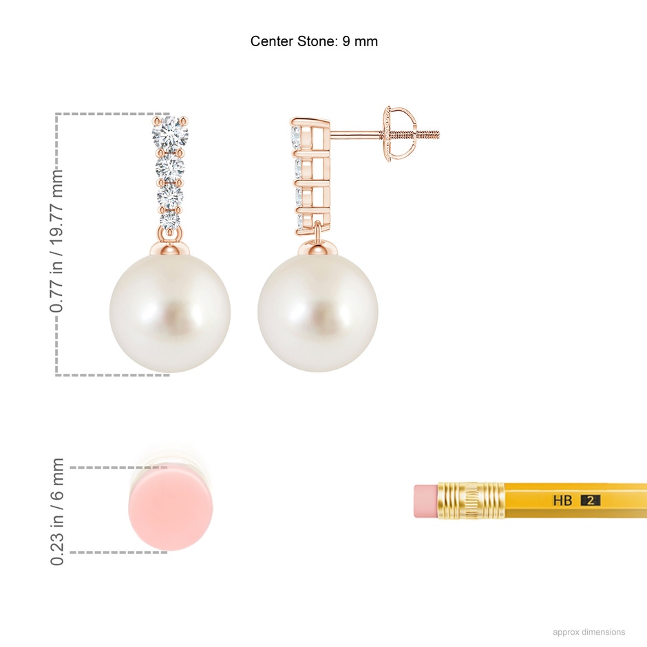 9mm AAAA South Sea Pearl Earrings with Graduated Diamonds in Rose Gold ruler