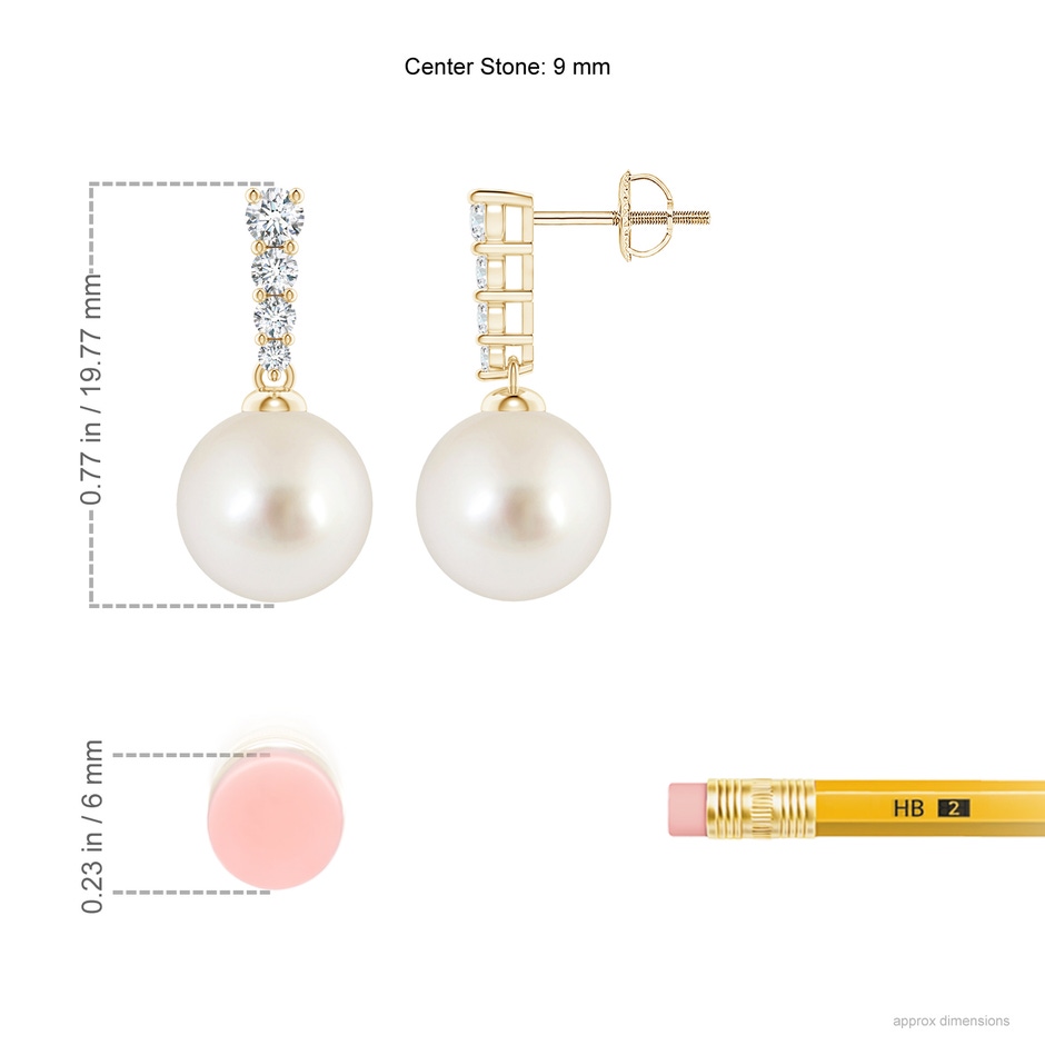 9mm AAAA South Sea Pearl Earrings with Graduated Diamonds in Yellow Gold ruler