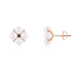 4mm AA Japanese Akoya Pearl Floral Studs with Blue Sapphire in Rose Gold