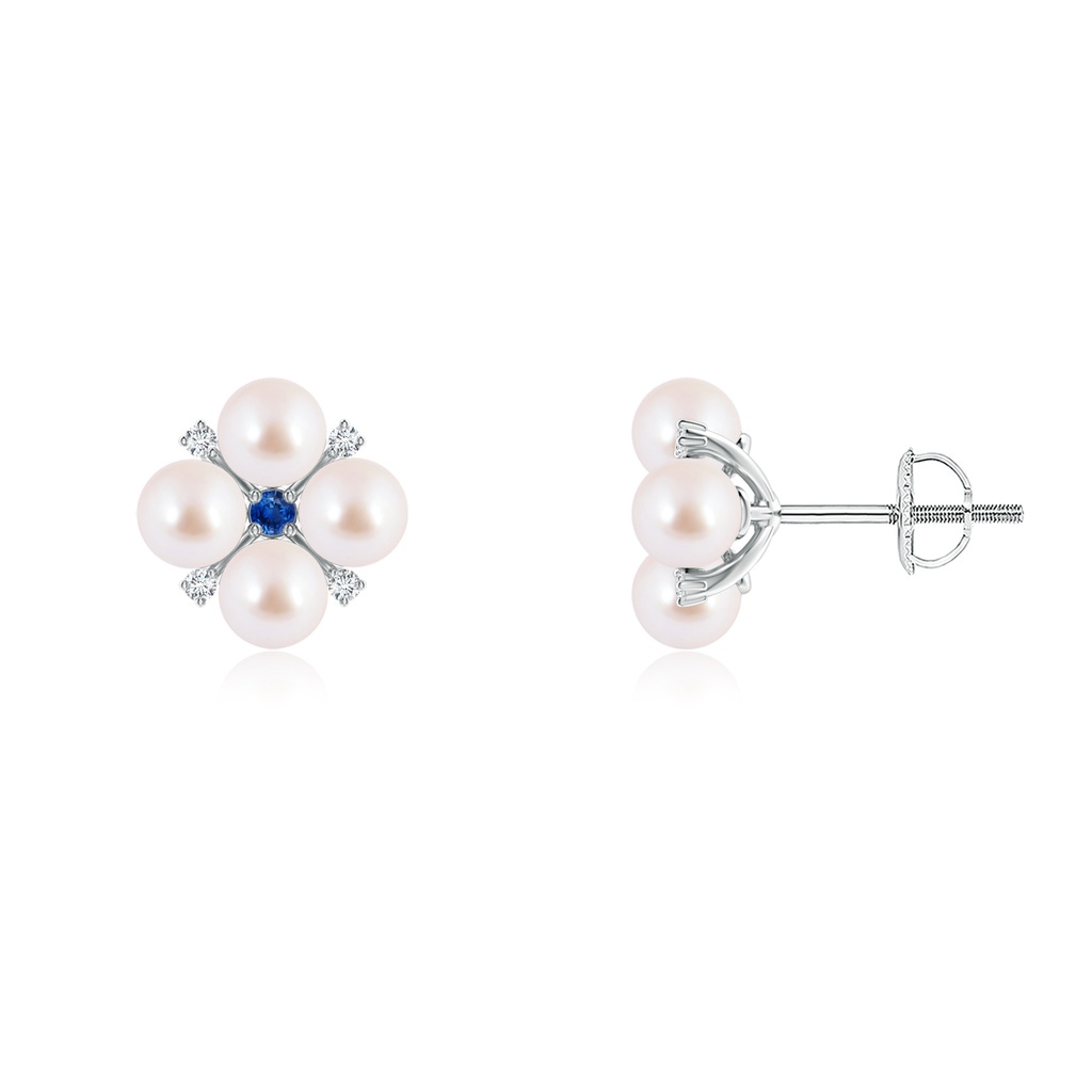 4mm AAA Japanese Akoya Pearl Floral Studs with Blue Sapphire in White Gold