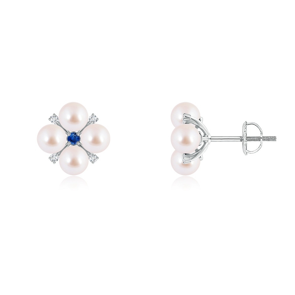 4mm AAA Japanese Akoya Pearl Floral Studs with Blue Sapphire in White Gold 