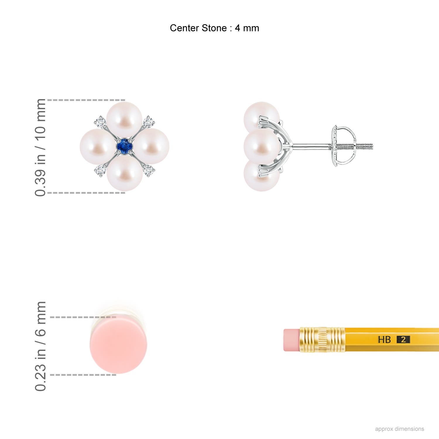 4mm AAA Japanese Akoya Pearl Floral Studs with Blue Sapphire in White Gold - ruler