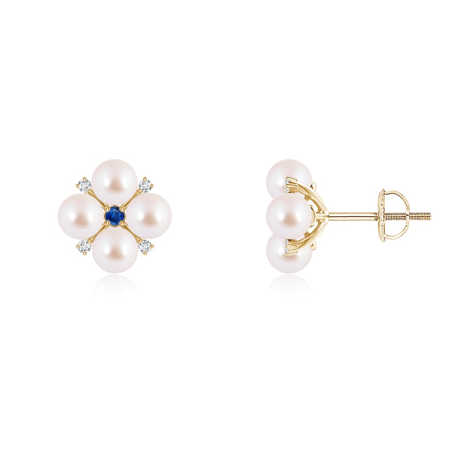 4mm AAA Japanese Akoya Pearl Floral Studs with Blue Sapphire in Yellow Gold 