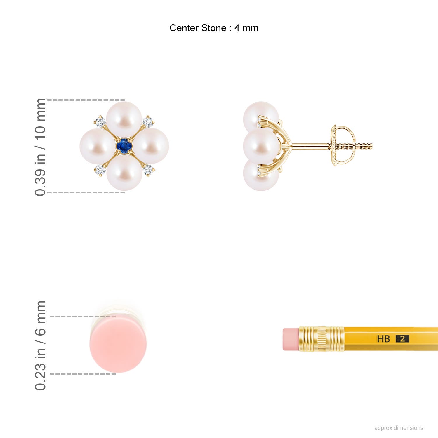 4mm AAA Japanese Akoya Pearl Floral Studs with Blue Sapphire in Yellow Gold - ruler