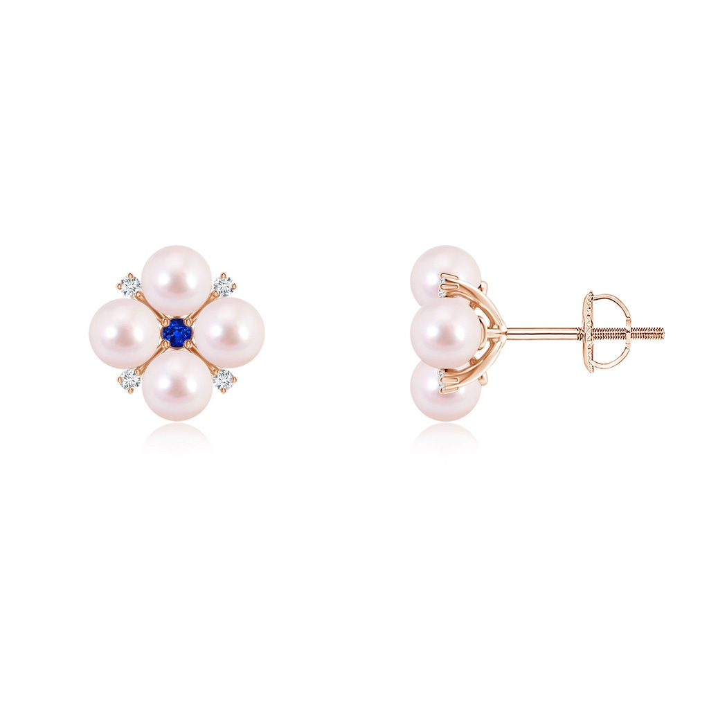 4mm AAAA Japanese Akoya Pearl Floral Studs with Blue Sapphire in Rose Gold