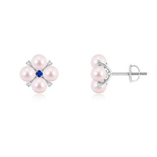 4mm AAAA Japanese Akoya Pearl Floral Studs with Blue Sapphire in White Gold