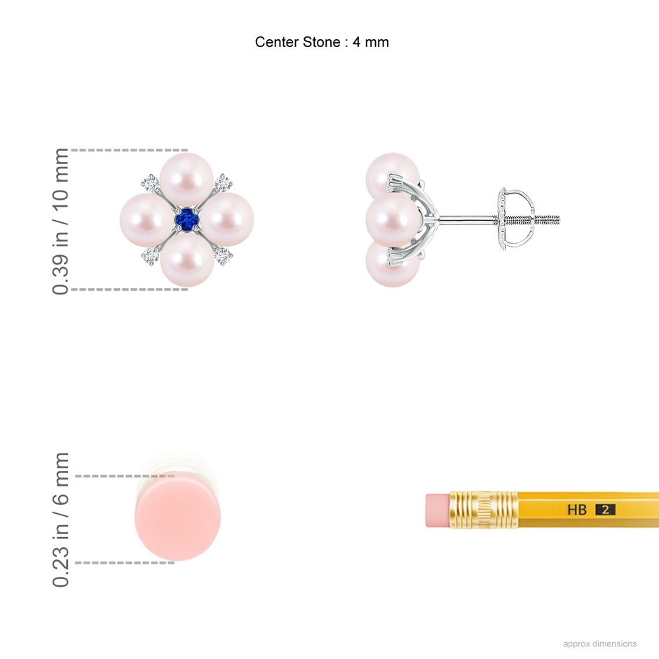 4mm AAAA Japanese Akoya Pearl Floral Studs with Blue Sapphire in White Gold ruler
