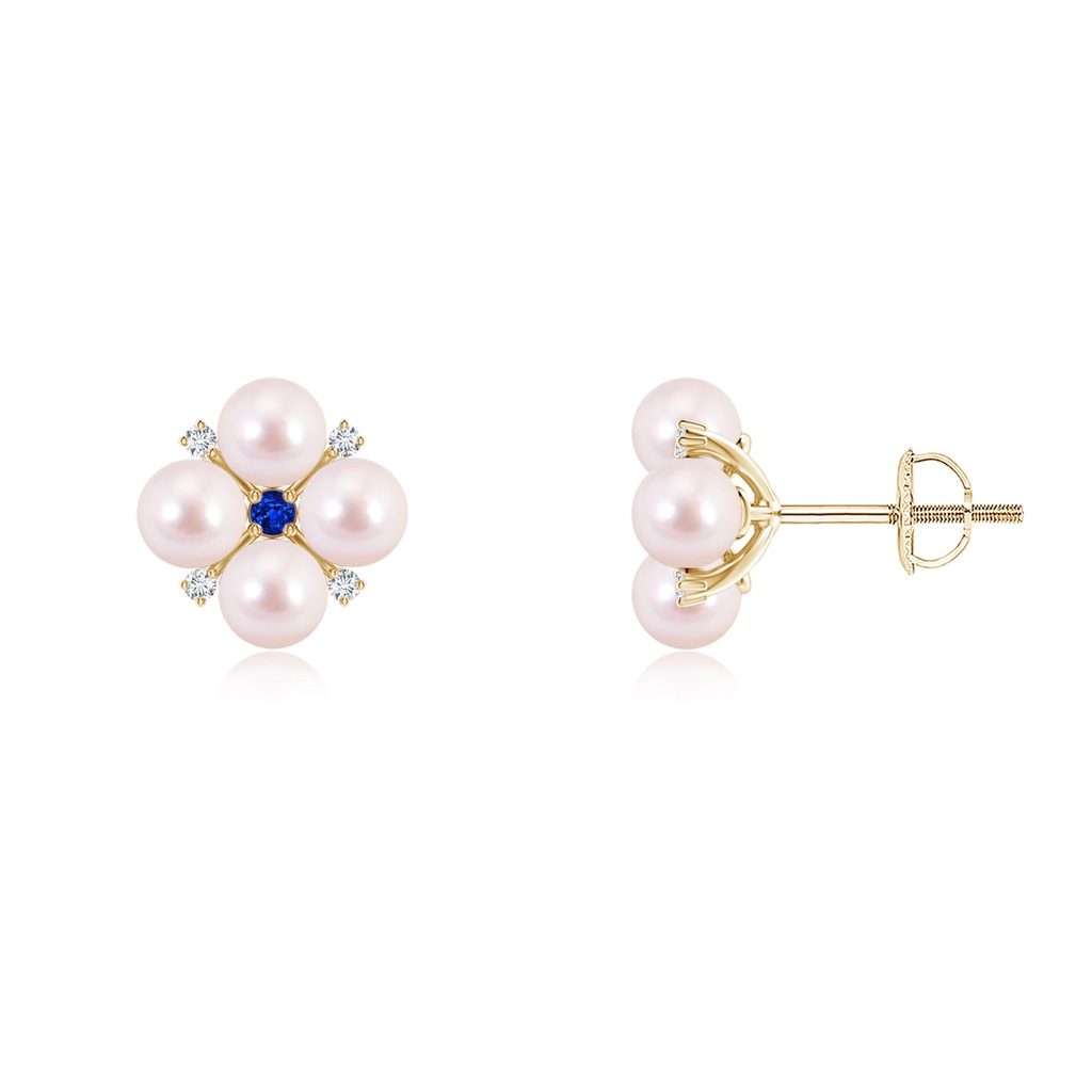 4mm AAAA Japanese Akoya Pearl Floral Studs with Blue Sapphire in Yellow Gold