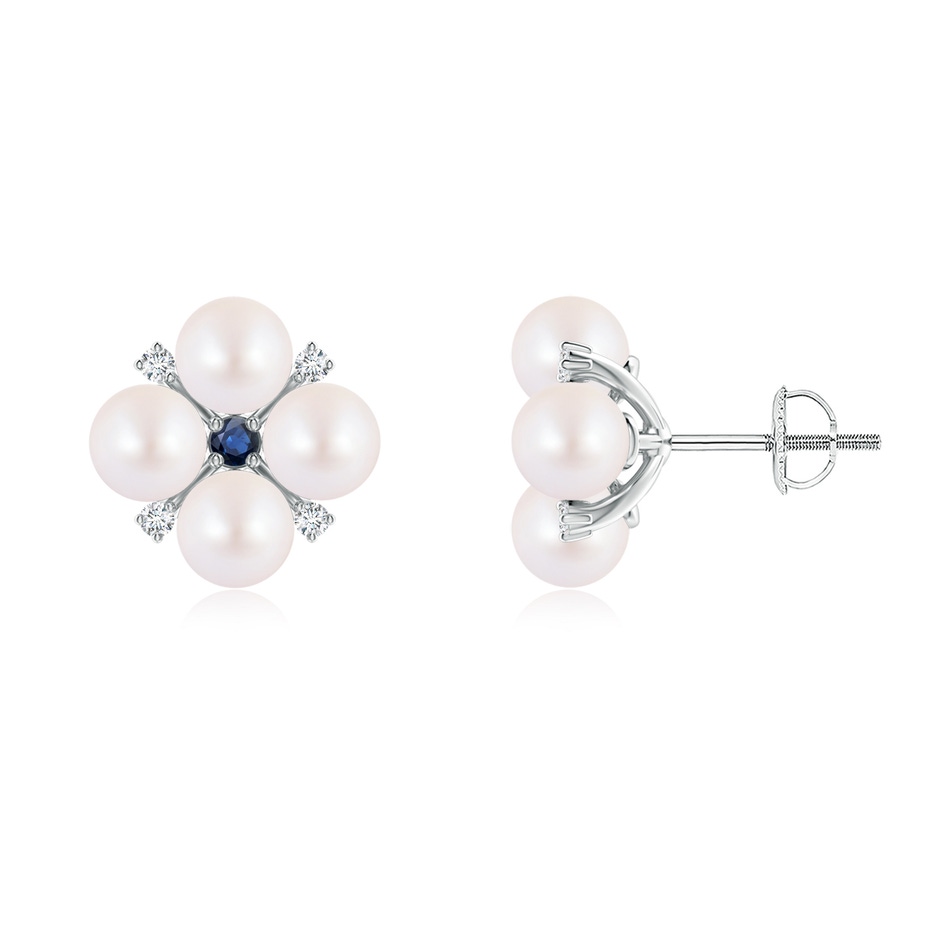 5mm AA Japanese Akoya Pearl Floral Studs with Blue Sapphire in White Gold 