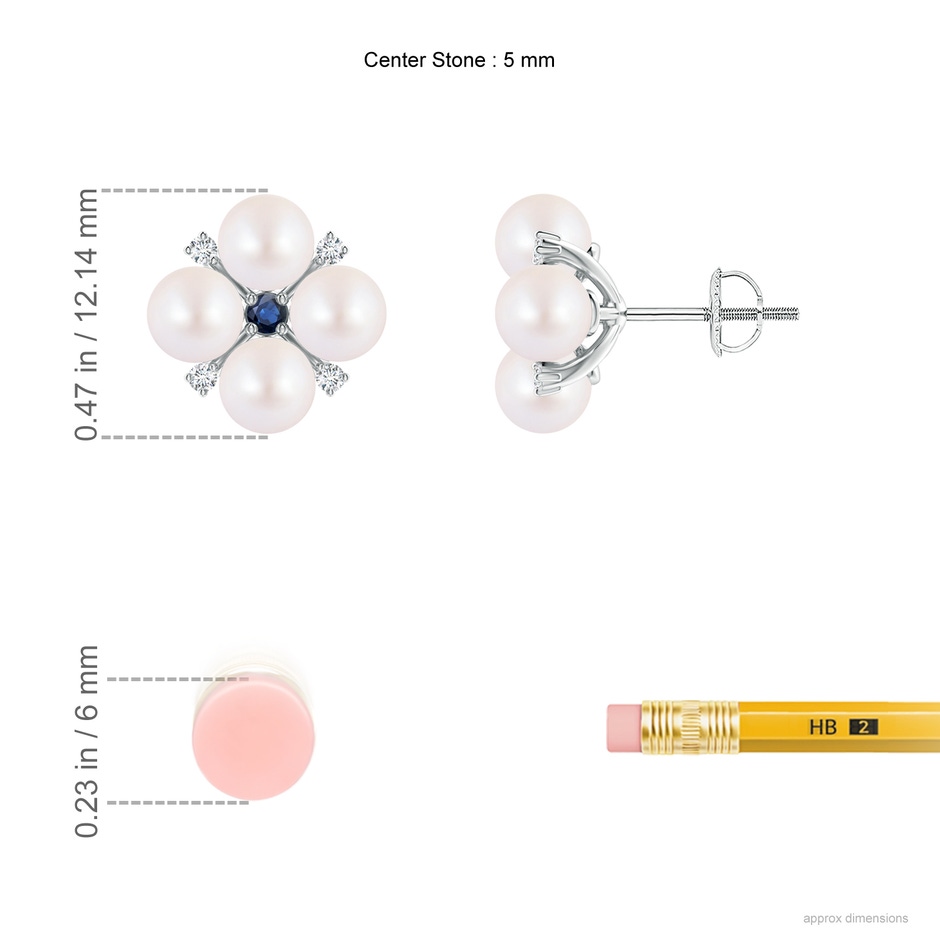 5mm AA Japanese Akoya Pearl Floral Studs with Blue Sapphire in White Gold ruler