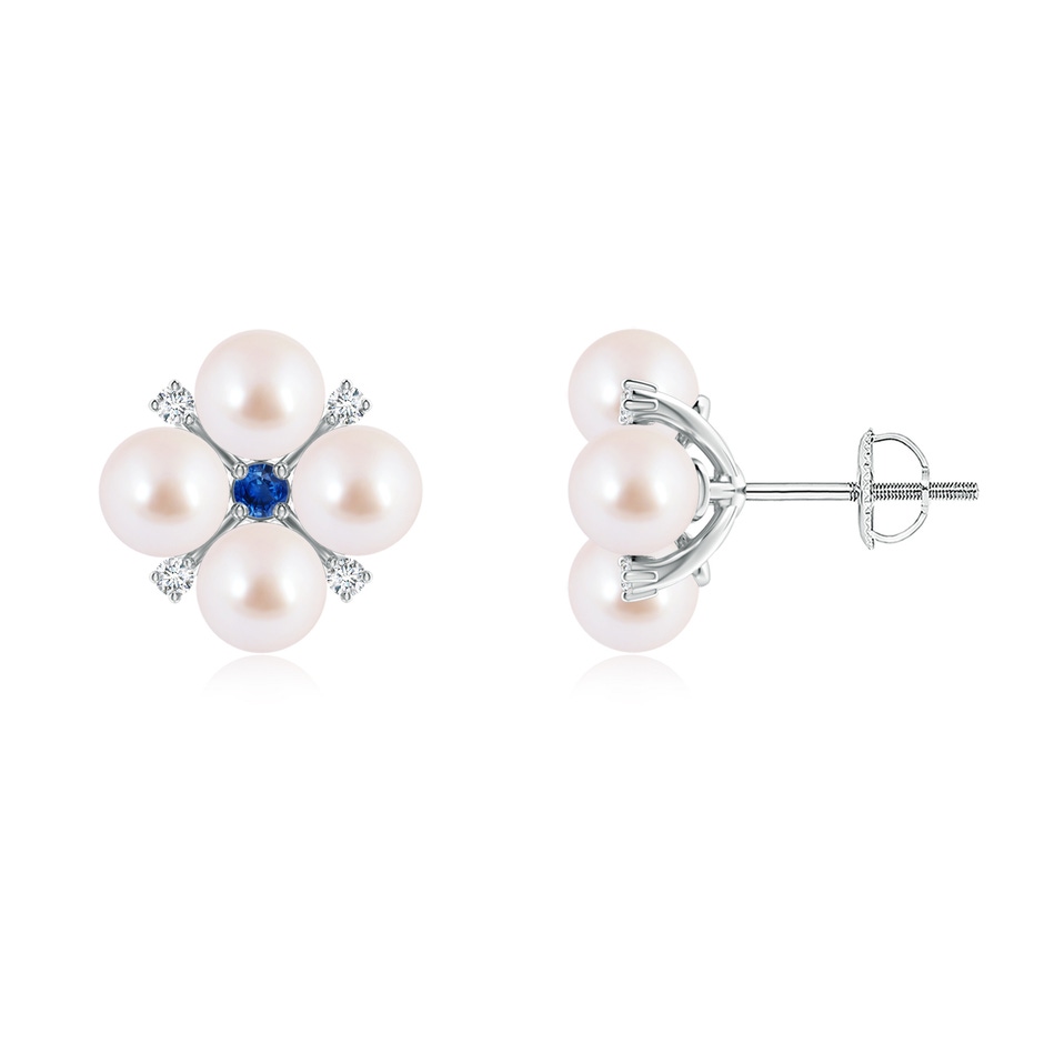 5mm AAA Japanese Akoya Pearl Floral Studs with Blue Sapphire in White Gold 