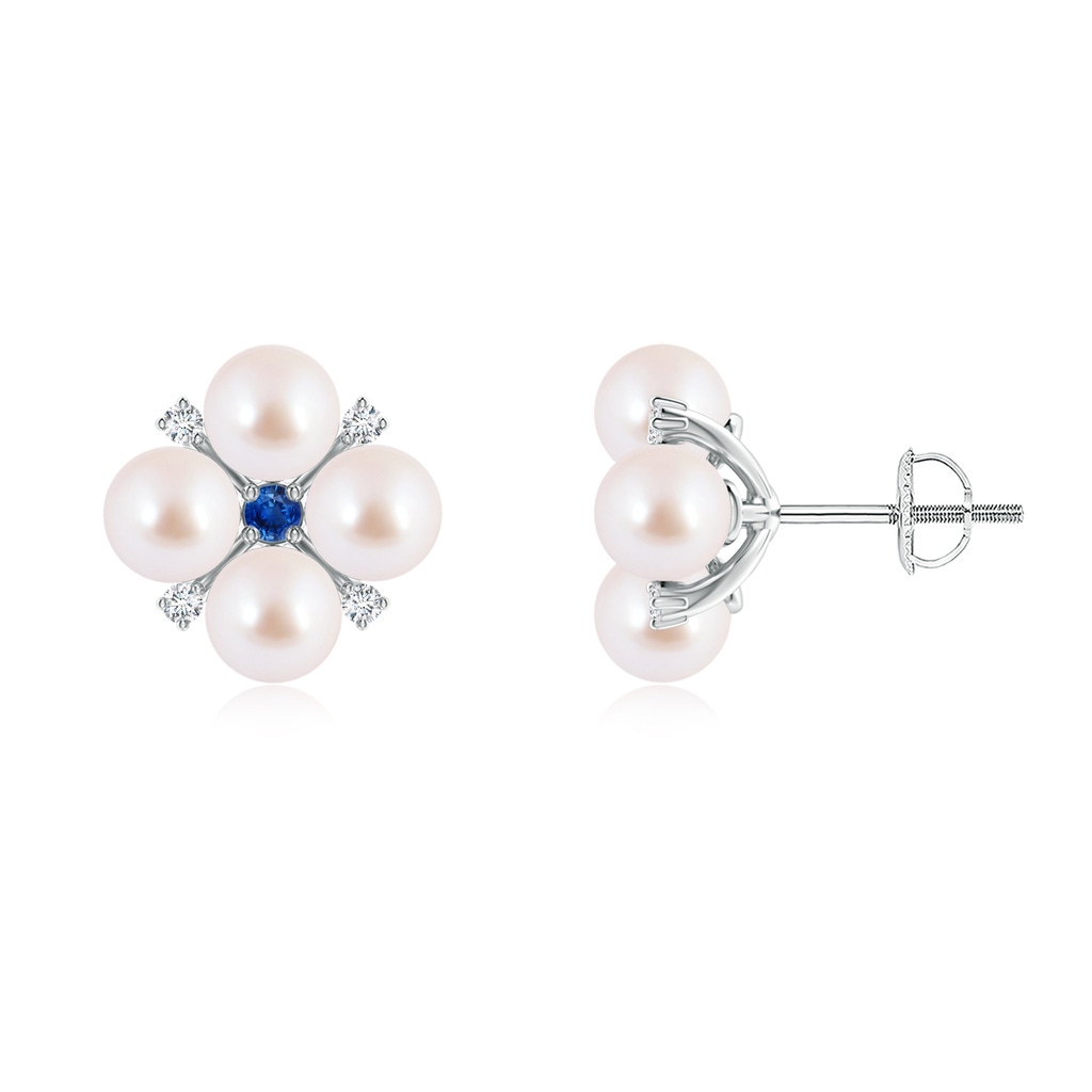 5mm AAA Japanese Akoya Pearl Floral Studs with Blue Sapphire in White Gold