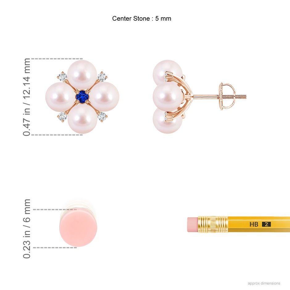 5mm AAAA Japanese Akoya Pearl Floral Studs with Blue Sapphire in Rose Gold ruler