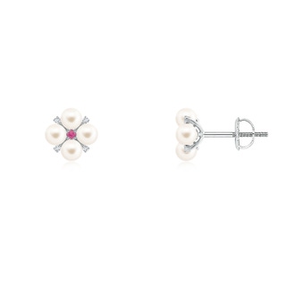 3mm AAA Freshwater Pearl Floral Studs with Pink Sapphire in White Gold