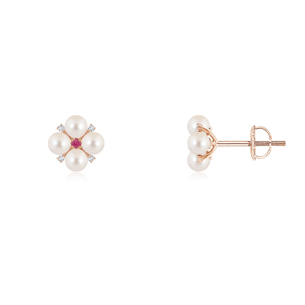 3mm AAAA Freshwater Pearl Floral Studs with Pink Sapphire in Rose Gold
