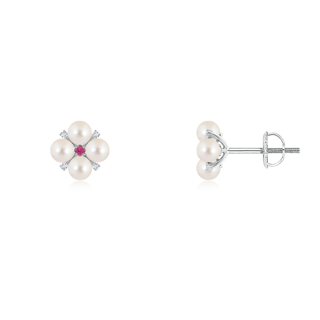 3mm AAAA Freshwater Pearl Floral Studs with Pink Sapphire in White Gold