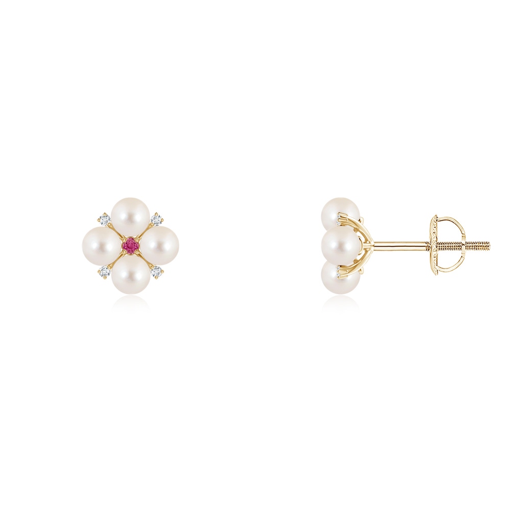 3mm AAAA Freshwater Pearl Floral Studs with Pink Sapphire in Yellow Gold