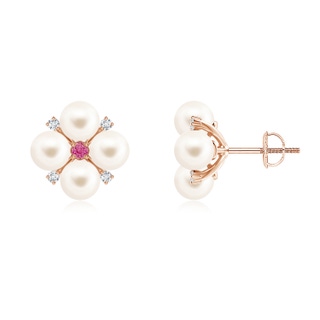 5mm AAA Freshwater Pearl Floral Studs with Pink Sapphire in Rose Gold