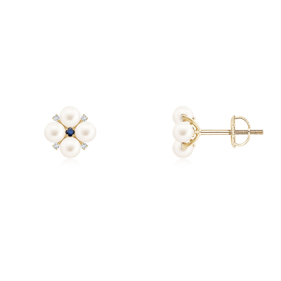 3mm AA Freshwater Pearl Floral Studs with Blue Sapphire in Yellow Gold 