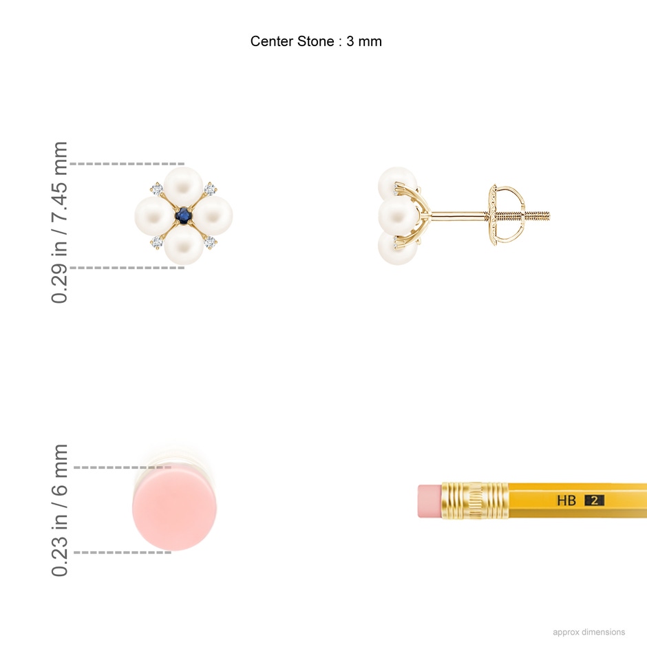 3mm AA Freshwater Pearl Floral Studs with Blue Sapphire in Yellow Gold ruler
