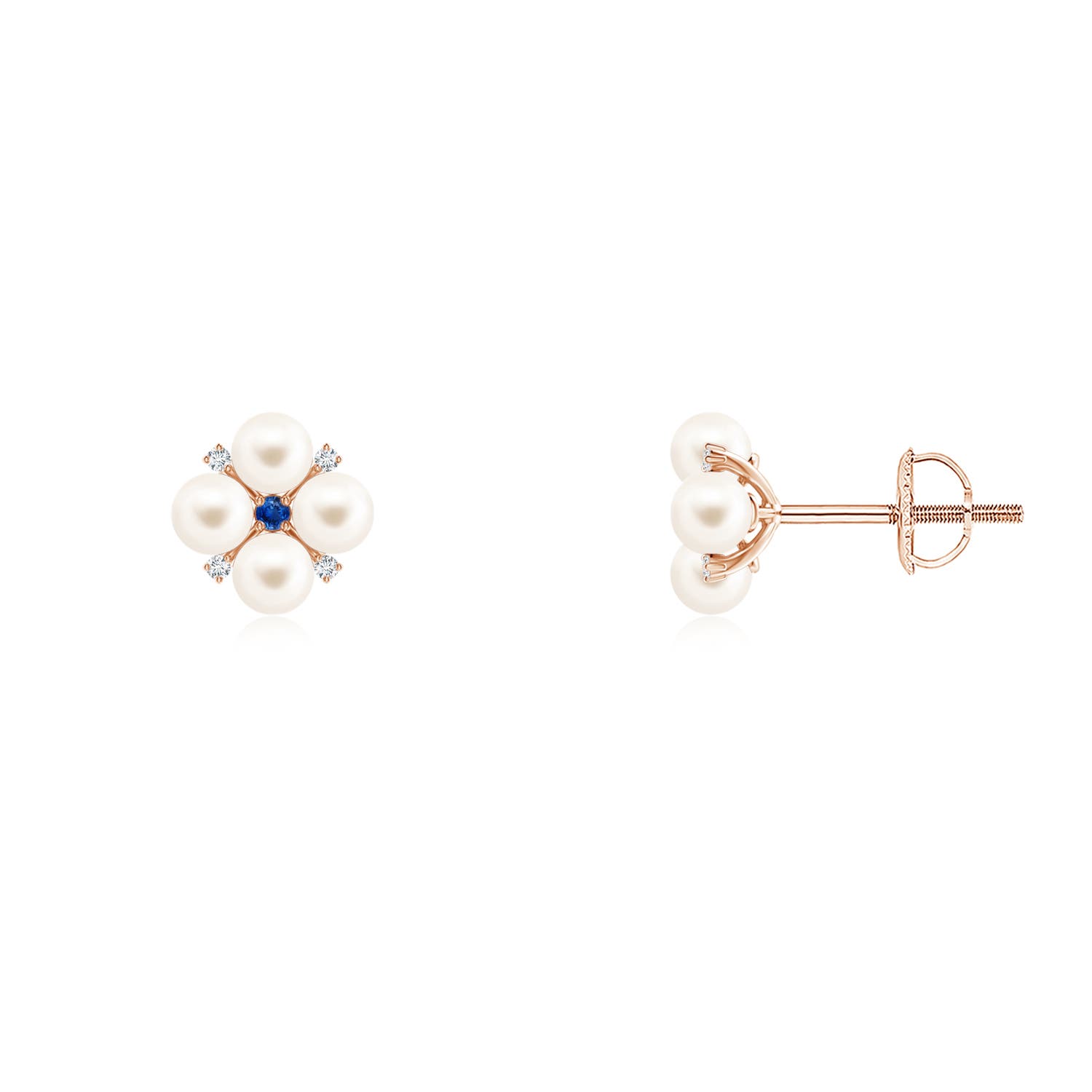 3mm AAA Freshwater Pearl Floral Studs with Blue Sapphire in Rose Gold