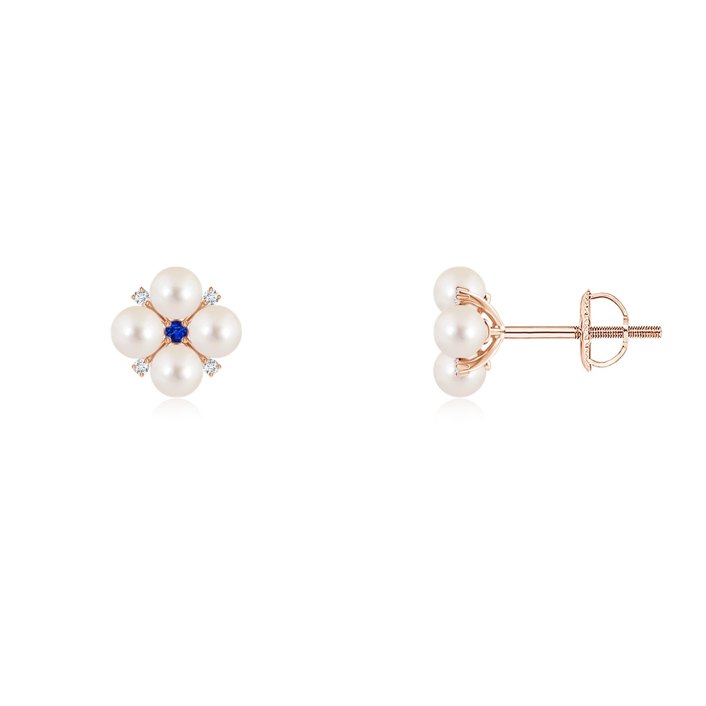 3mm AAAA Freshwater Pearl Floral Studs with Blue Sapphire in Rose Gold