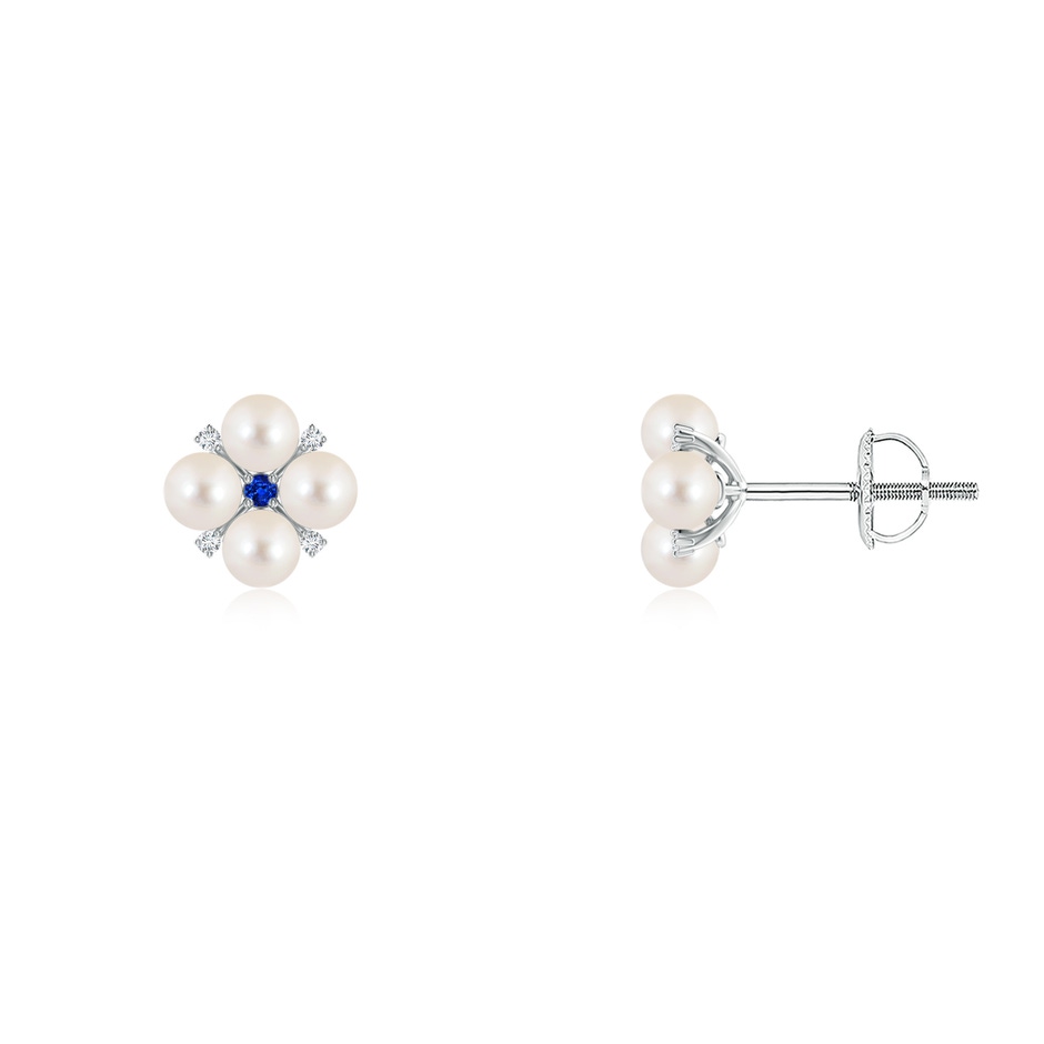 3mm AAAA Freshwater Pearl Floral Studs with Blue Sapphire in White Gold 