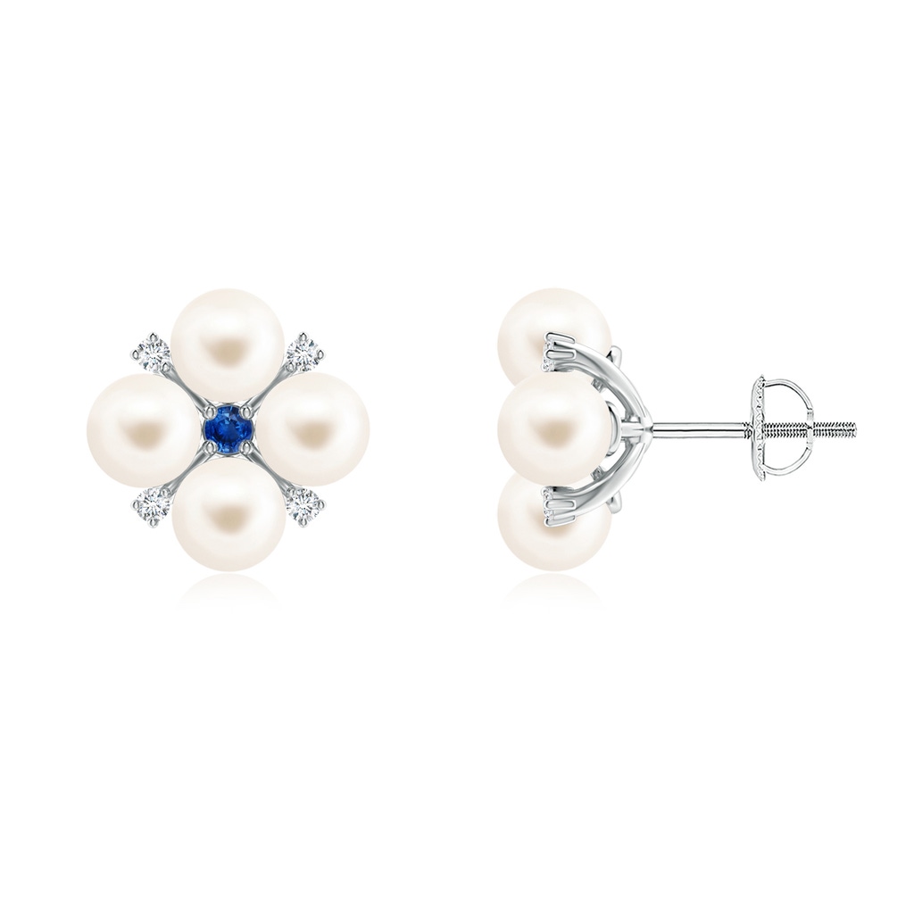 5mm AAA Freshwater Pearl Floral Studs with Blue Sapphire in White Gold