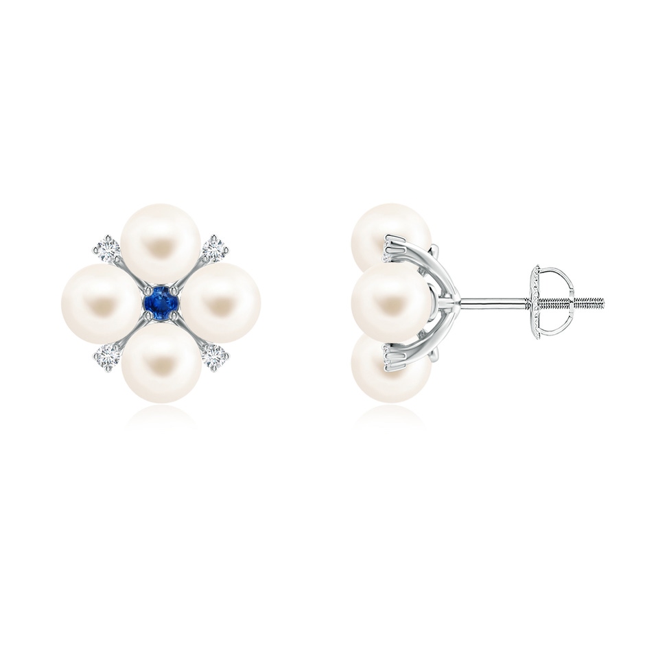 5mm AAA Freshwater Pearl Floral Studs with Blue Sapphire in White Gold 