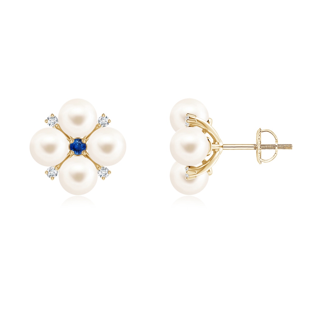 5mm AAA Freshwater Pearl Floral Studs with Blue Sapphire in Yellow Gold