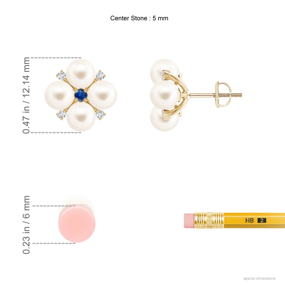 5mm AAA Freshwater Pearl Floral Studs with Blue Sapphire in Yellow Gold ruler
