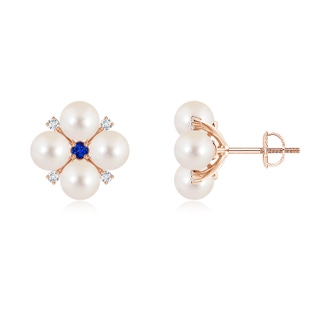 5mm AAAA Freshwater Pearl Floral Studs with Blue Sapphire in Rose Gold