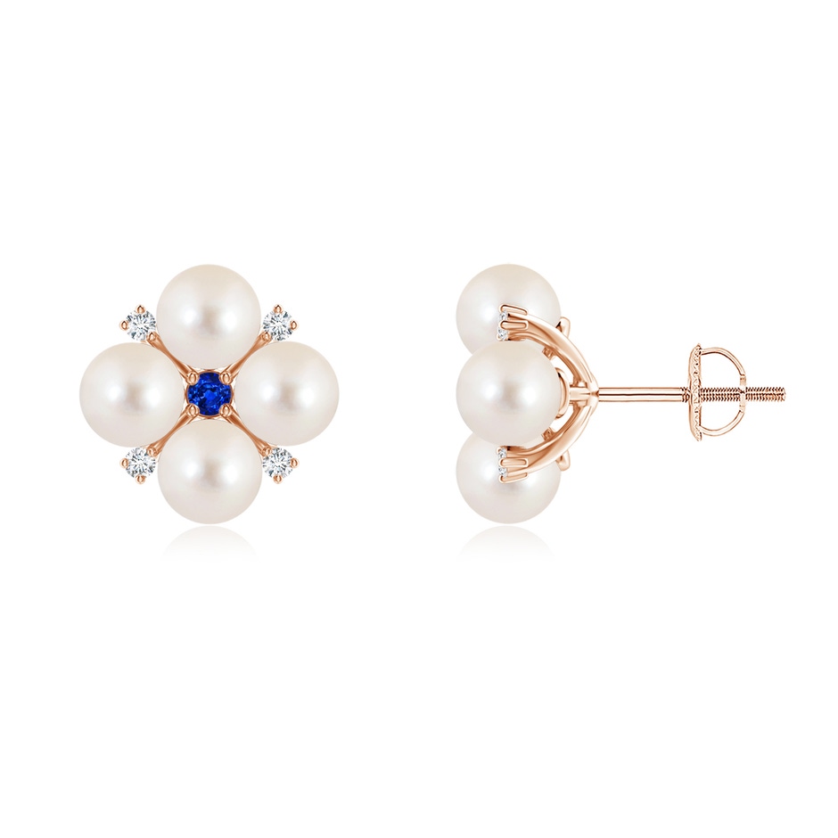 5mm AAAA Freshwater Pearl Floral Studs with Blue Sapphire in Rose Gold 