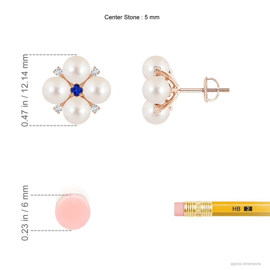 5mm AAAA Freshwater Pearl Floral Studs with Blue Sapphire in Rose Gold ruler