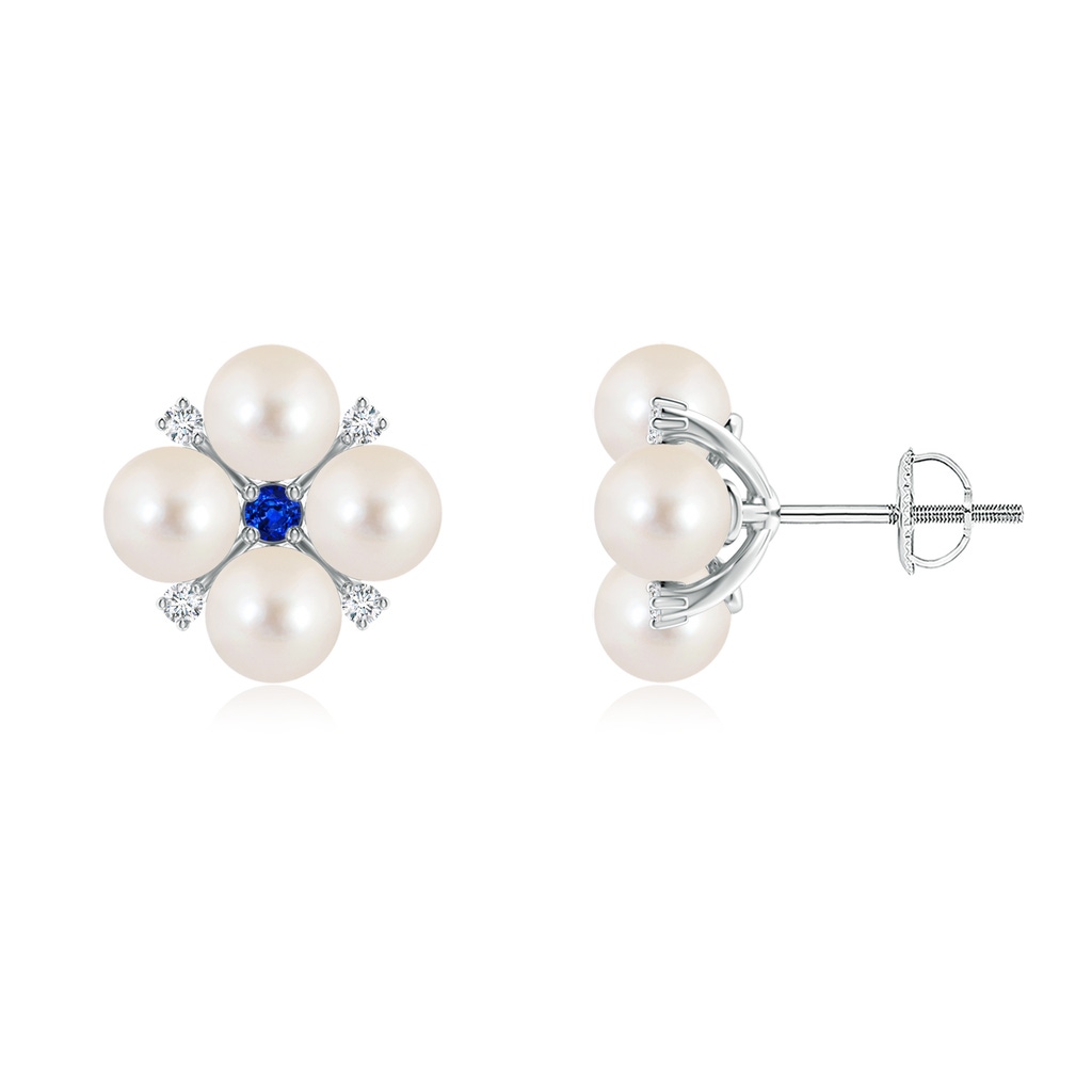 5mm AAAA Freshwater Pearl Floral Studs with Blue Sapphire in White Gold