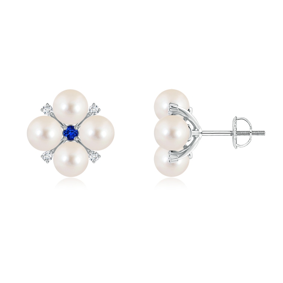 5mm AAAA Freshwater Pearl Floral Studs with Blue Sapphire in White Gold 