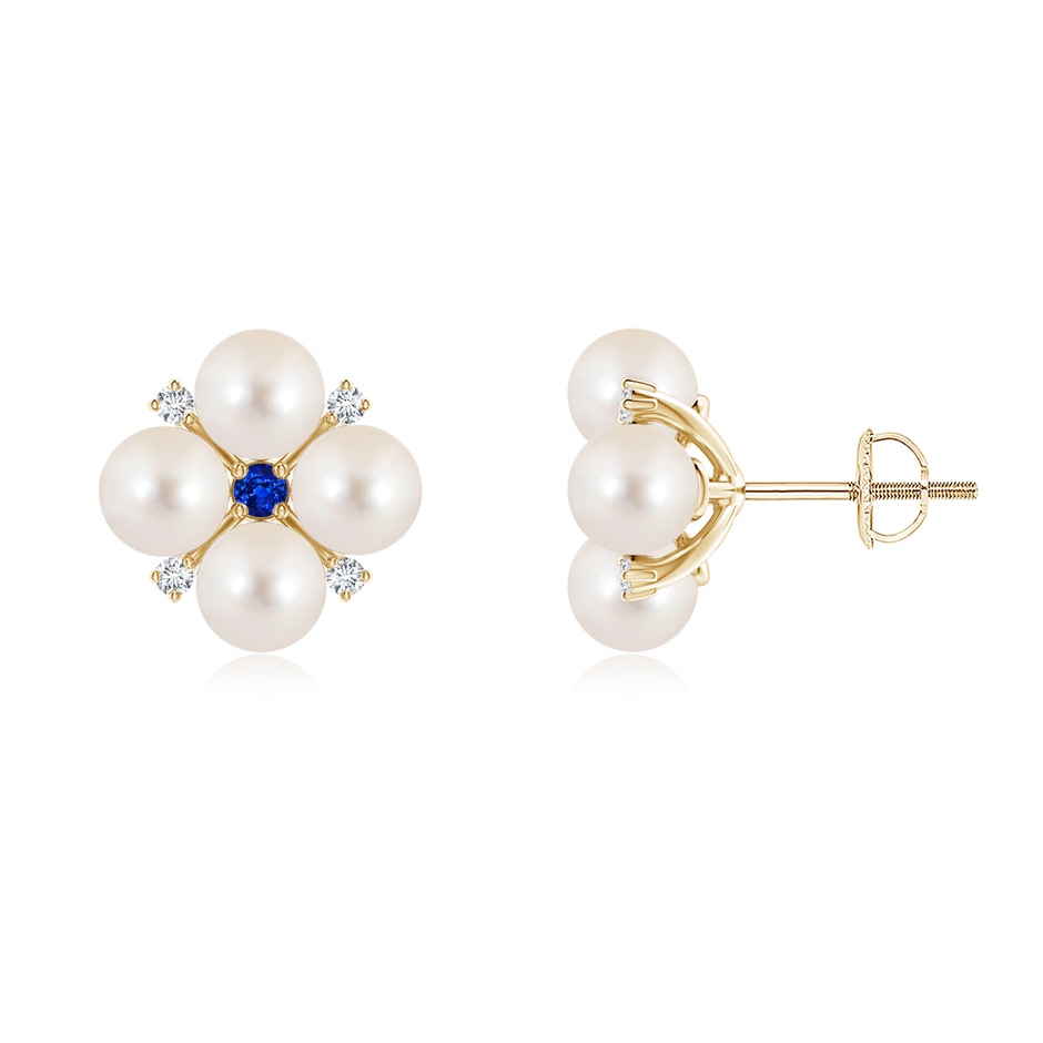5mm AAAA Freshwater Pearl Floral Studs with Blue Sapphire in Yellow Gold 